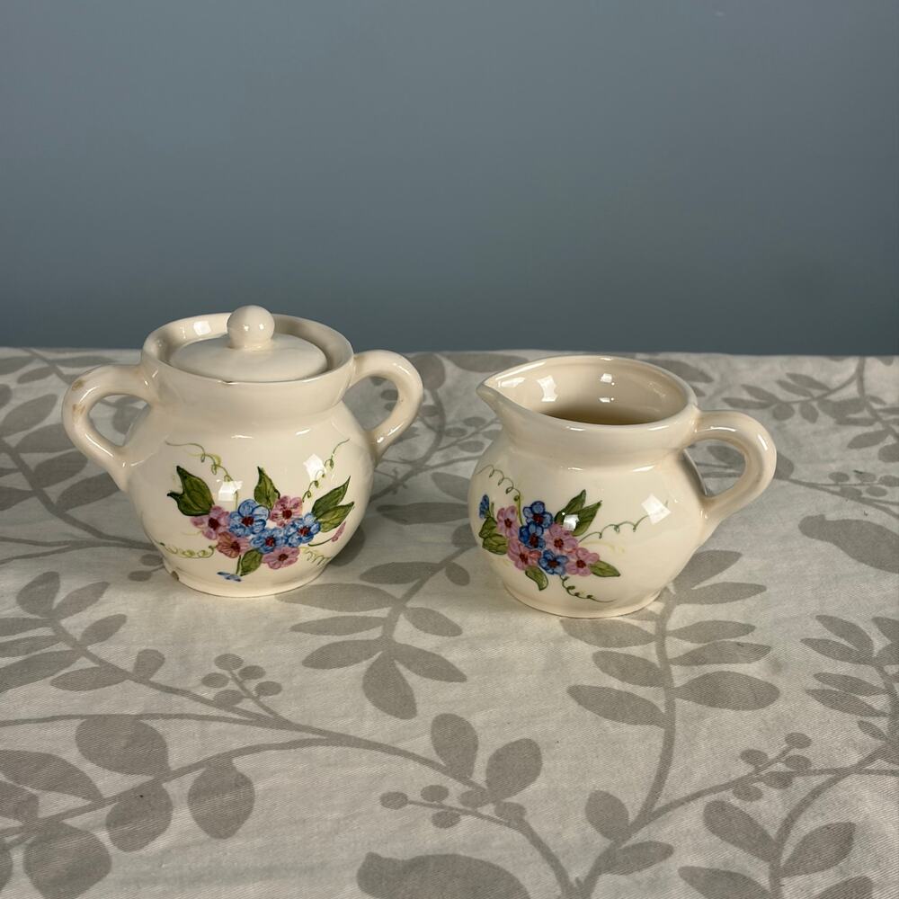 Miniature Floral Cream & Sugar Set Covered Sugar Bowl Cottagecore Ceramic